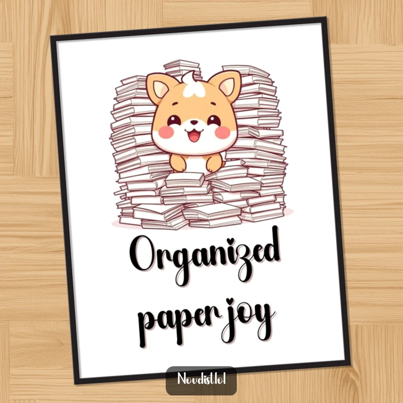 Funny Digital Art Print of a happy animal character surrounded by overflowing stacks of paper, looking pleased, perfect for decor.