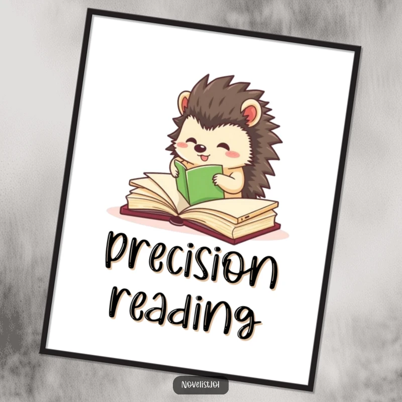 Funny digital art of a small hedgehog character precisely organizing book pages, showcasing excitement and order.