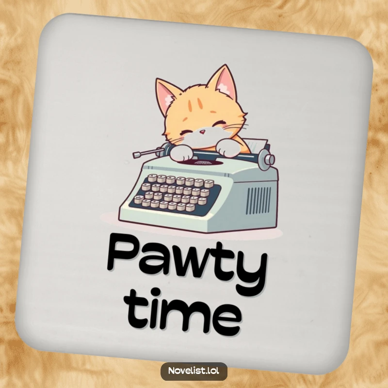 Funny drink coaster showing a cute cat typing on a vintage typewriter, tail wagging, protecting furniture with charm.