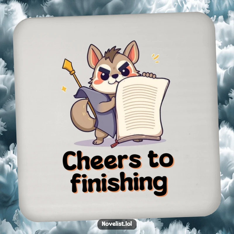 Funny determined animal wrestling a giant manuscript on a protective drink coaster.
