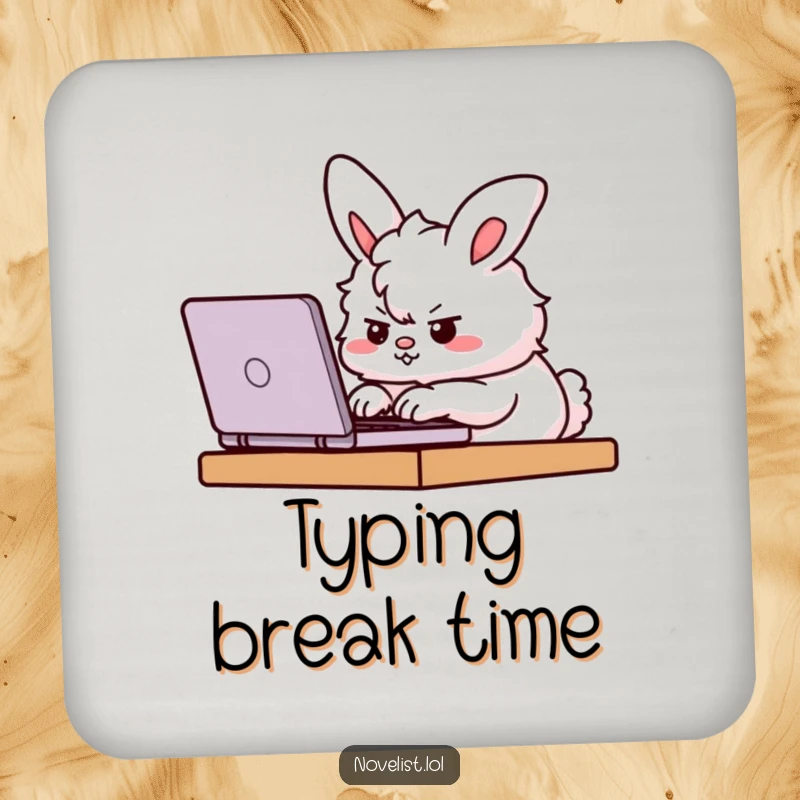 Funny Drink Coaster with a determined fluffy bunny furiously typing on a laptop, adding motivational humor to any surface.