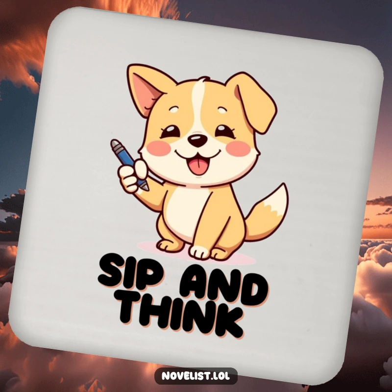 Funny drink coaster with a playful dog gesturing dramatically with a pen, adding humor to any table setting.
