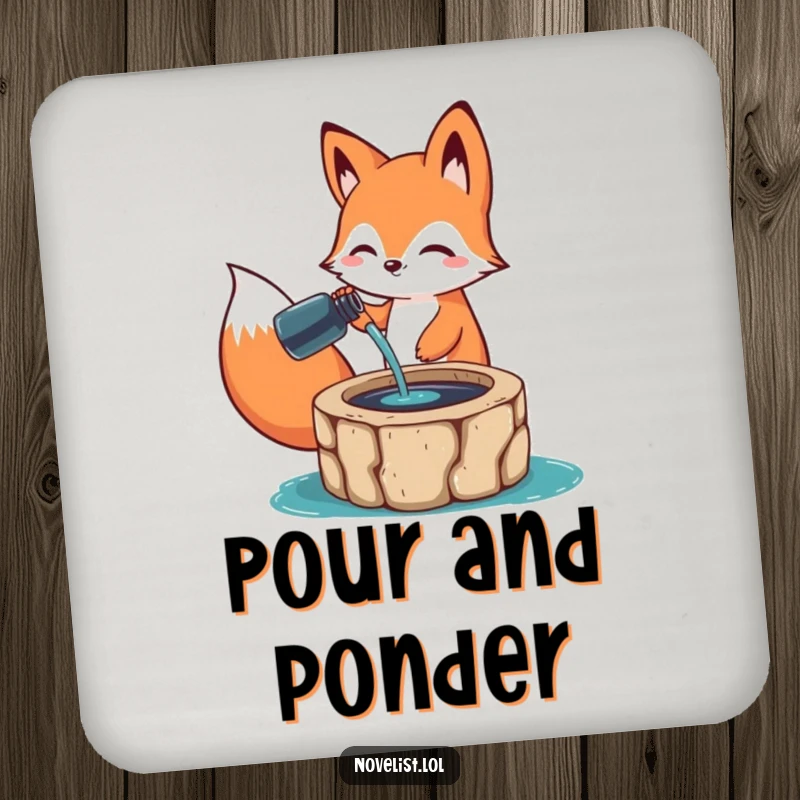 Funny Drink Coasters: Happy fox character pouring ink from a bottle into a well, offering humorous tabletop protection with an artistic design.