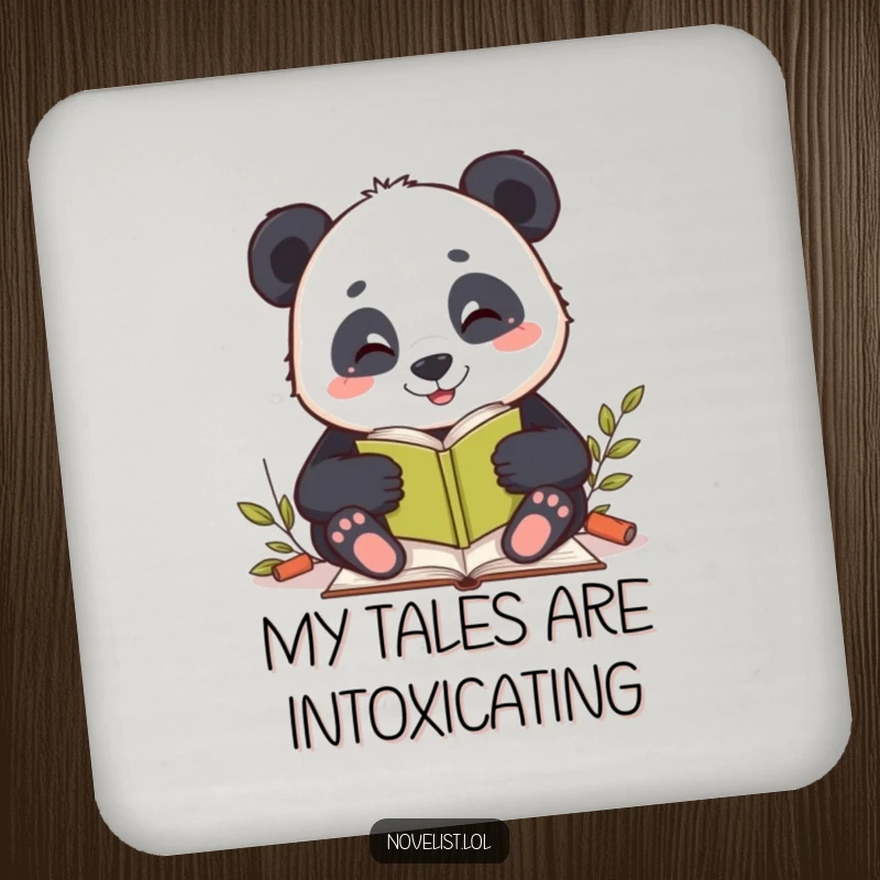 Set of funny coasters featuring a panda writing a story, protecting surfaces with a touch of humor and literary flair.