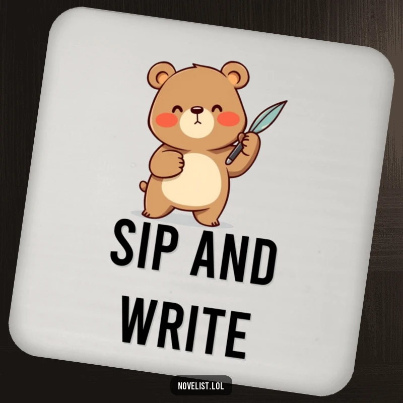 Funny Drink Coasters: Cheerful bear character dramatically gesturing with a quill pen, offering humorous tabletop protection with a literary-inspired design.
