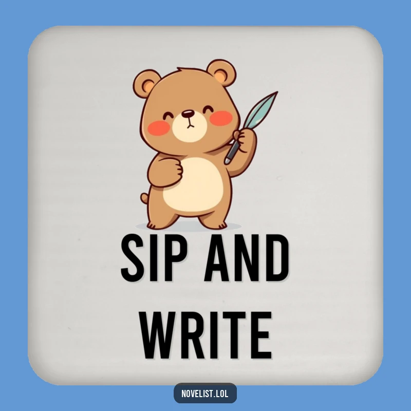 Funny Scribe Coaster: Cheerful Bear With Quill - Hilarious Tabletop Protection Gift