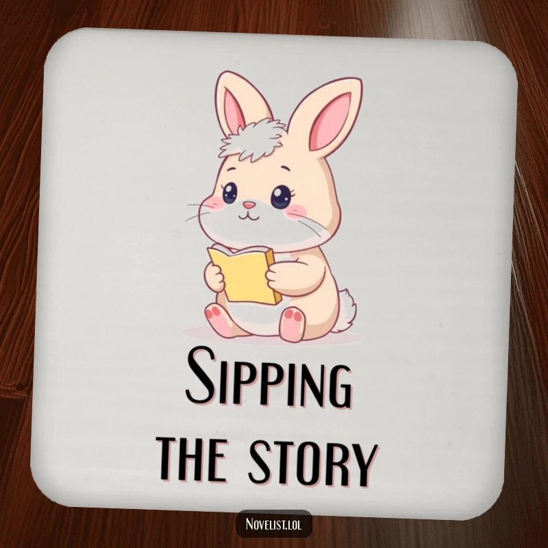Funny Bunny Coaster: A thoughtful bunny holding a tiny manuscript, adding literary charm and protection.