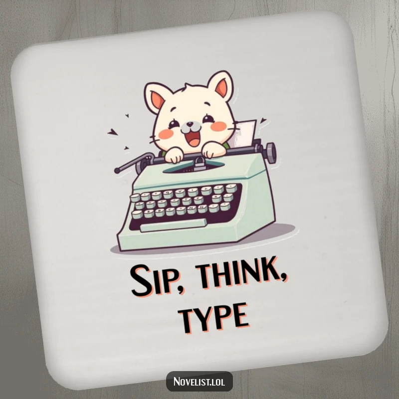 Funny drink coaster featuring a cute animal character typing on a vintage typewriter, keys flying, adding humorous flair to any table.