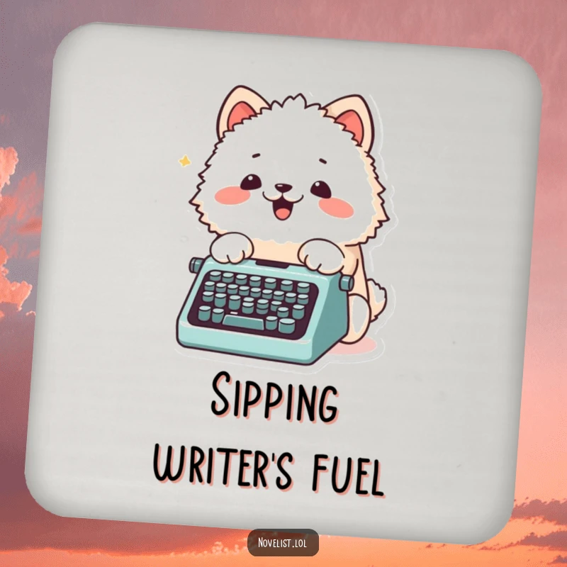 Funny Drink Coaster featuring a fluffy animal character excitedly typing on a tiny typewriter with its paws, adding literary humor.