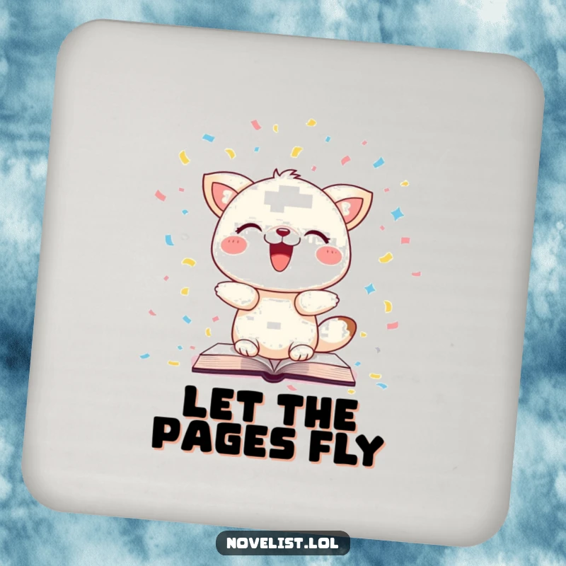 Funny drink coasters featuring a whimsical animal scattering book pages like confetti, protecting surfaces with literary-themed humor.