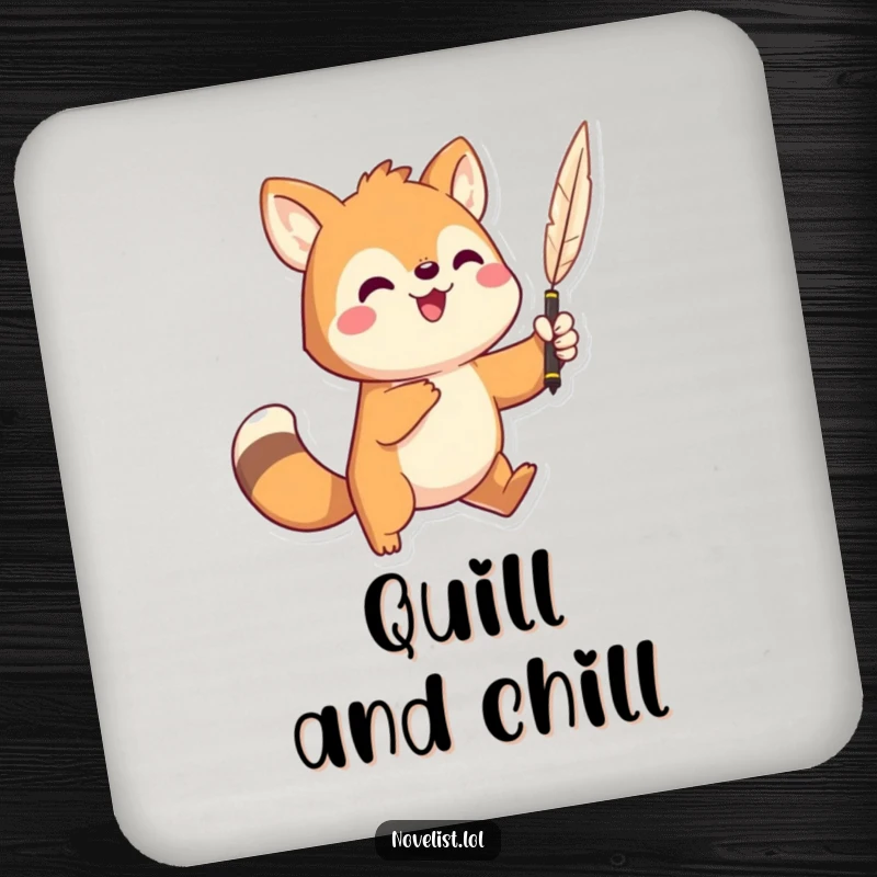 Funny drink coaster depicting a dramatic animal character holding a quill pen high, protecting your furniture with style.