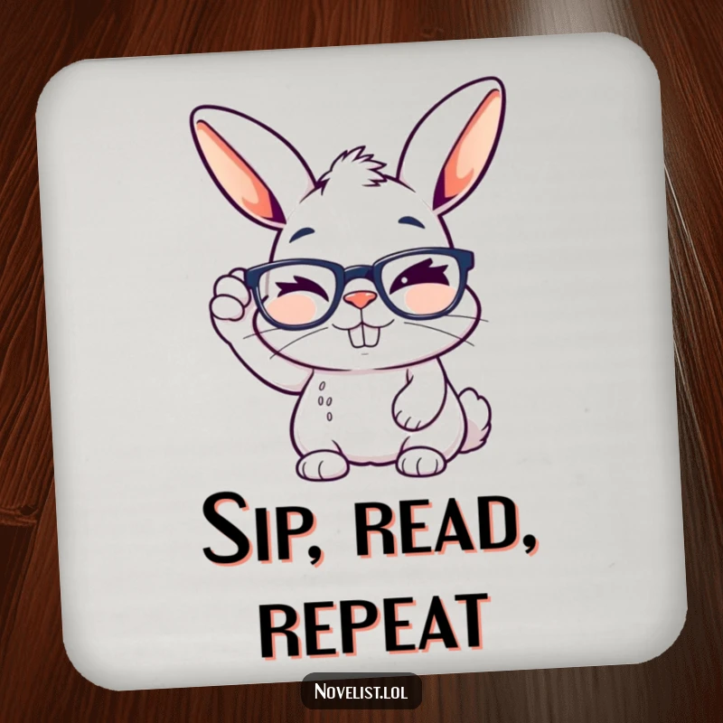 Funny drink coaster with a winking rabbit adjusting reading glasses, adding witty humor to any table setting.