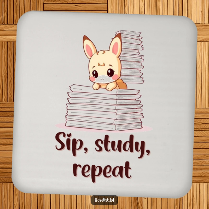 Funny drink coaster featuring a tiny animal character looking curious amidst a giant stack of papers, a humorous desk accessory.