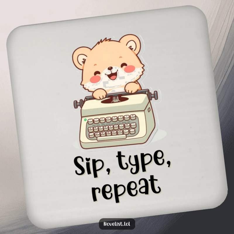 Funny drink coaster depicting a fuzzy animal joyfully typing on a vintage typewriter, keeping your surfaces safe.