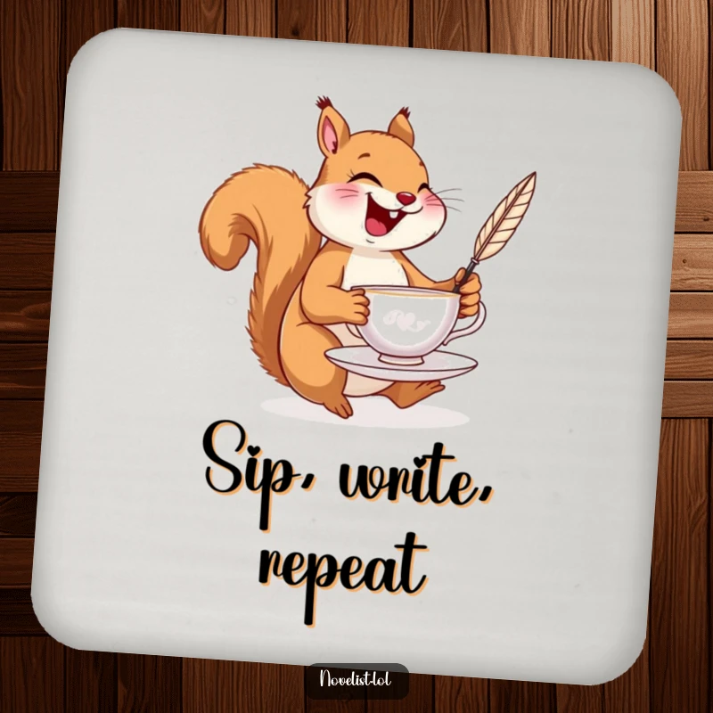 Funny drink coaster with a laughing squirrel balancing a teacup and a quill pen, adding humor to any table setting.