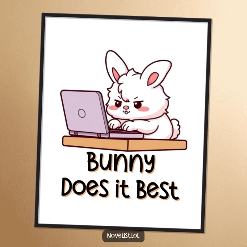 Funny Poster of a fluffy bunny character furiously typing on a laptop with a determined expression, adding focus-themed humor.