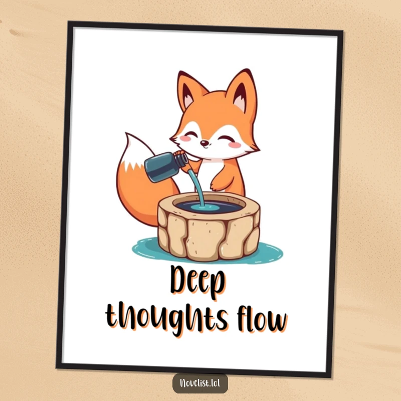 Funny Poster: A happy fox animal character pouring ink from a bottle into a well, creating a humorous and inspiring piece of wall art for creators.