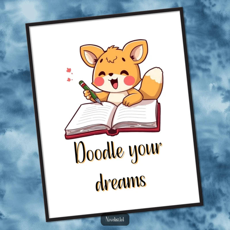 Funny poster of an excited animal character busily scribbling in a large open notebook, full of creative energy.