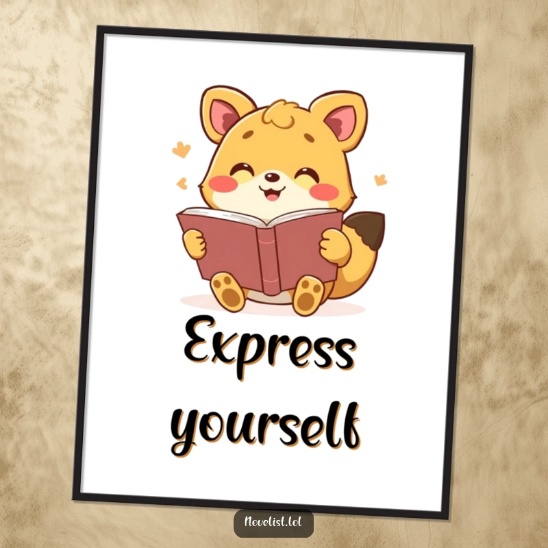 Funny poster of a lively animal reading a book with expressive gestures, vibrant art for story lovers, a great funny gift.