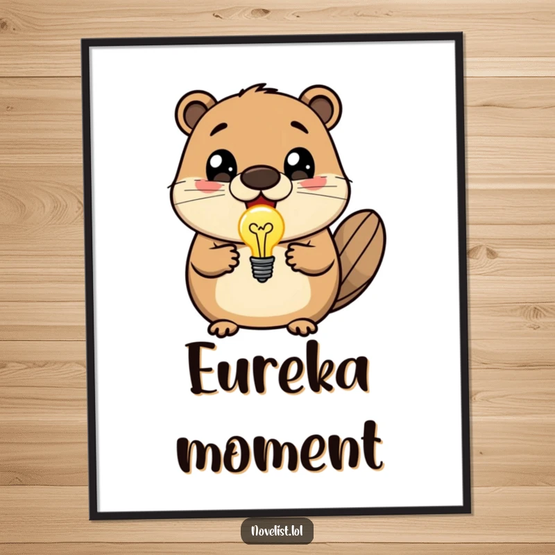 Funny poster print of a delighted beaver with wide eyes, presenting a glowing lightbulb, symbolizing a moment of pure genius.