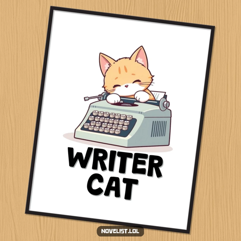 Funny poster art of a cute cat intently typing on a vintage typewriter, its fluffy tail wagging with enthusiasm.