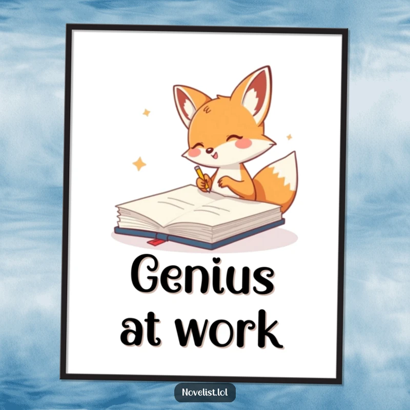 Funny Poster of a cute fox gleefully scribbling in a giant notebook, adding a touch of imaginative art to any space.