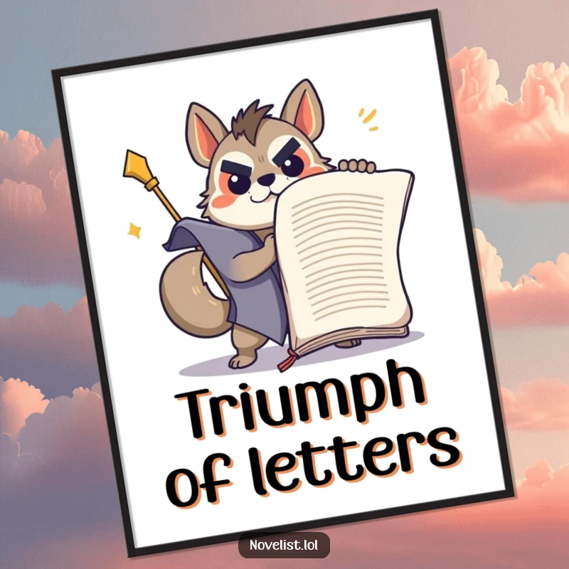 Funny determined animal wrestling a giant manuscript, depicted as a triumphant wall art poster.