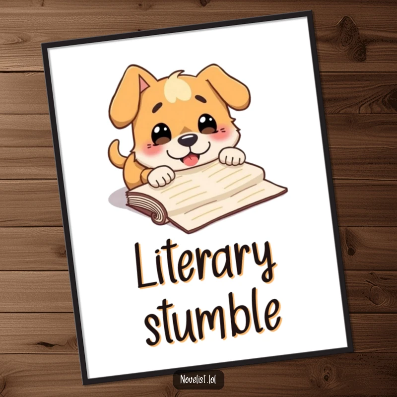 Funny poster depicting a dog character comically tripping over a manuscript, with a wide, surprised grin.