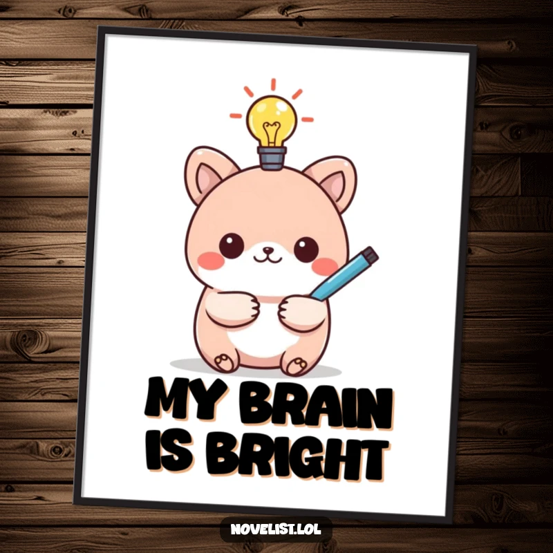 Funny poster featuring a kawaii animal character with a glowing lightbulb above and a pen, capturing a humorous moment of inspiration.