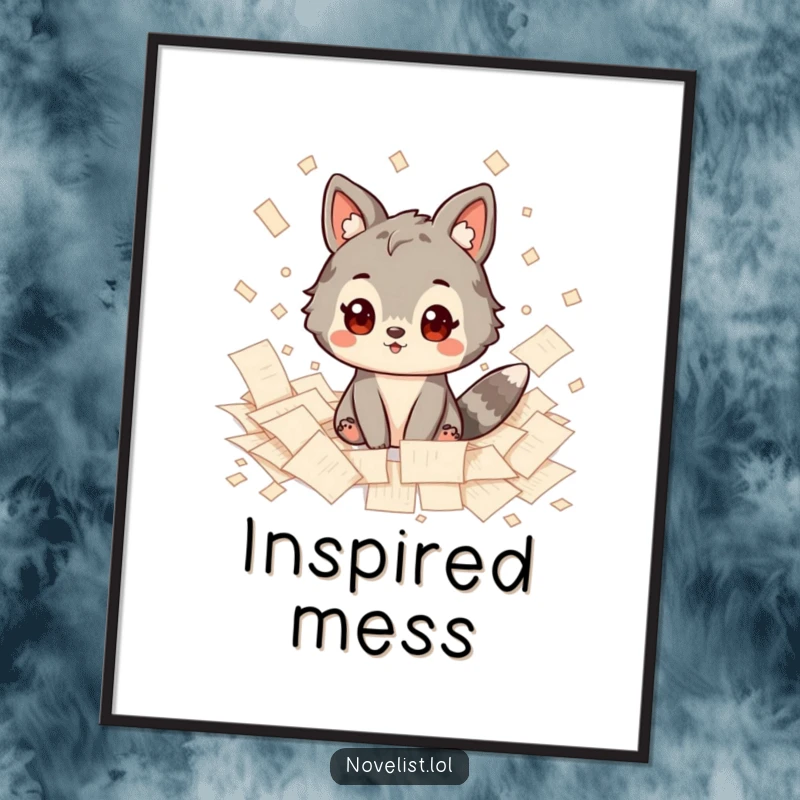 Funny Poster: Vibrant artwork depicting an inspired animal character surrounded by a creative explosion of scattered papers, ideal for wall decor.