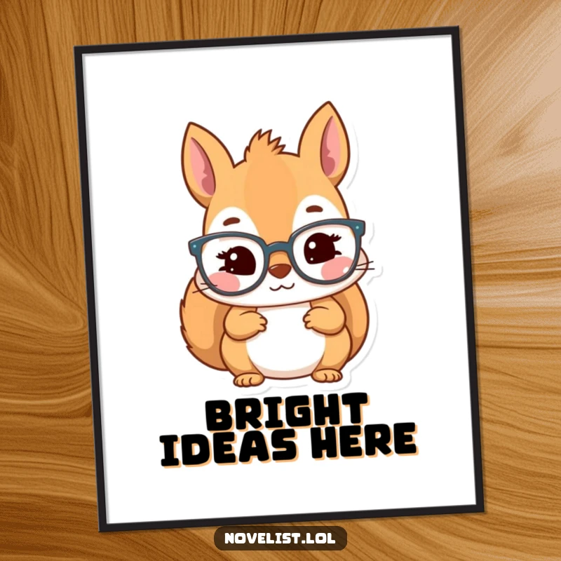 Funny poster capturing a kawaii squirrel character wearing reading glasses, looking inspired by a book.
