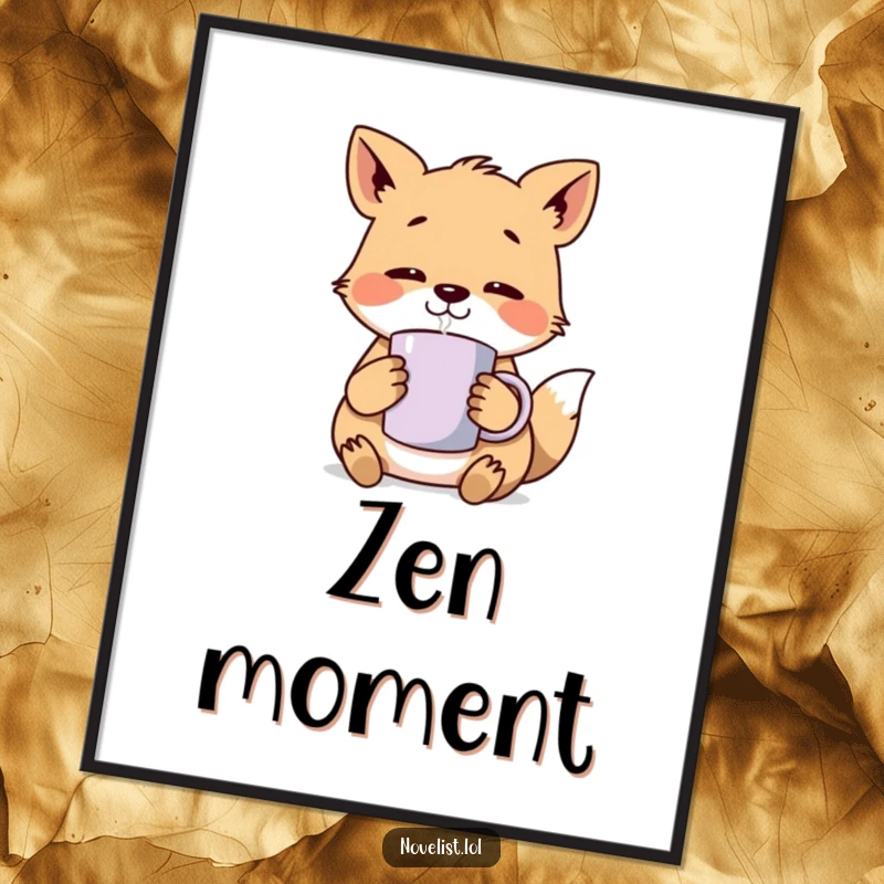 Funny Poster: Artistic depiction of an animal character lost in thought, holding a steaming mug, ideal for adding humor and coziness to wall decor.