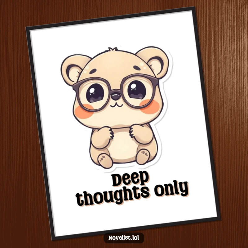 Funny Poster: Charming animal in spectacles deeply contemplating a single word, adding intellectual whimsy.