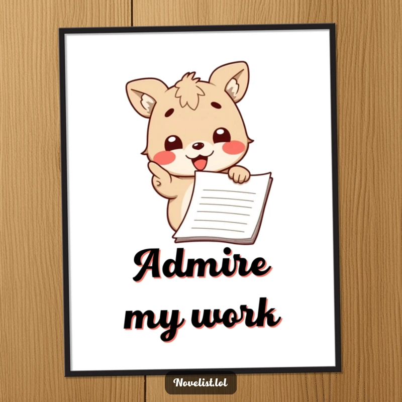 Funny poster of a cute animal character passionately pointing at a manuscript with a bright, encouraging smile.