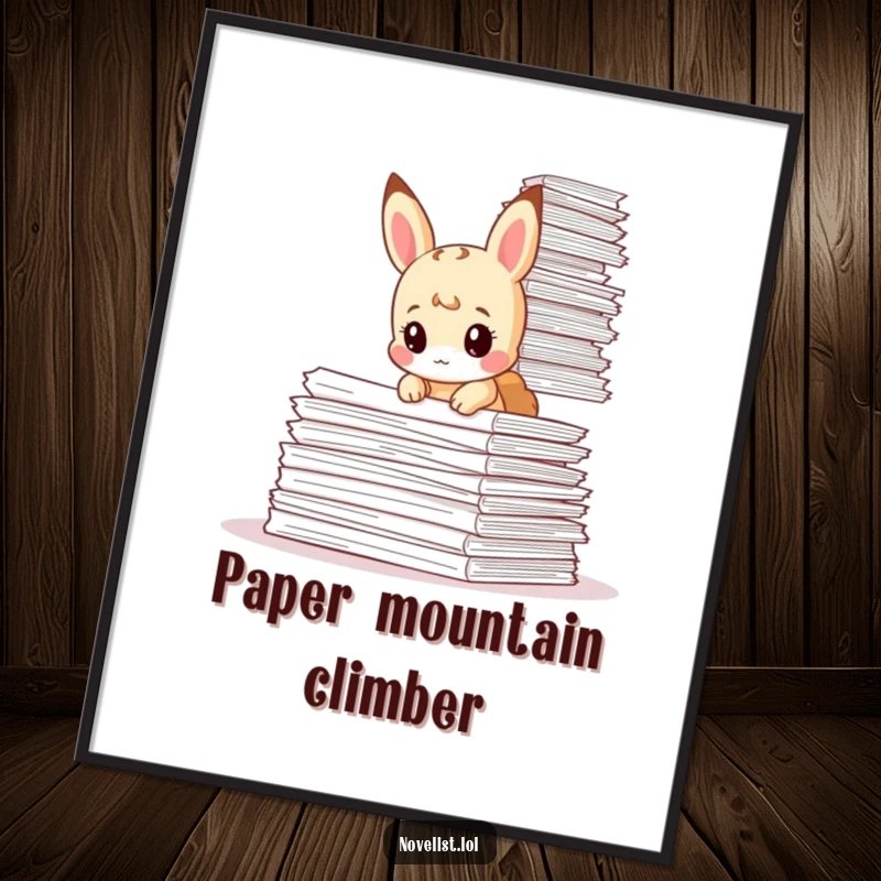 Funny poster depicting a tiny animal character curiously examining a vast stack of papers, creating a humorous and relatable academic scene.