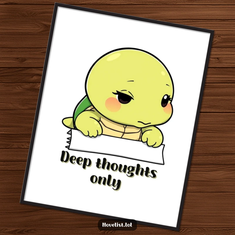 Funny poster print of a thoughtful turtle gazing intently at a blank page, symbolizing patience and the beginning of inspiration.