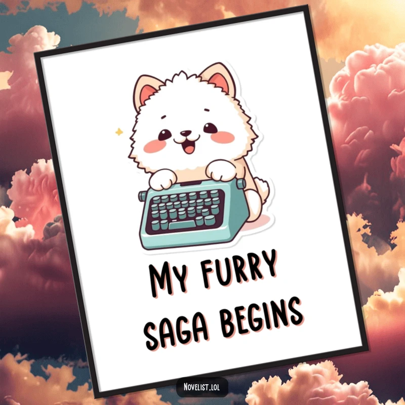 Funny Poster illustrating a fluffy animal character excitedly typing on a tiny typewriter with its paws, evoking literary charm.