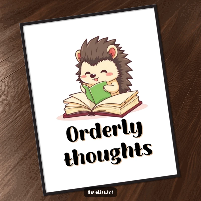 Funny poster capturing a small hedgehog character excitedly and precisely organizing book pages, celebrating order.