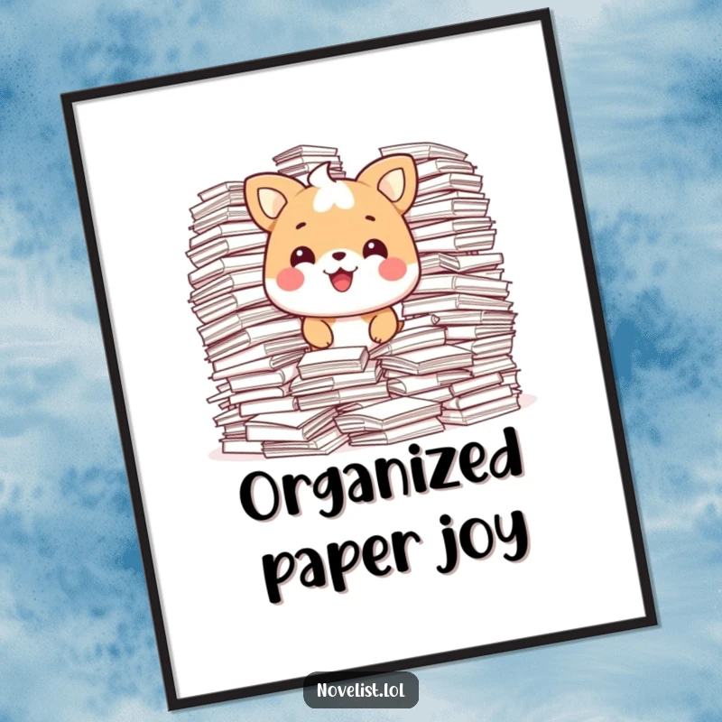 Funny Poster illustrating a happy animal character surrounded by overflowing stacks of paper, looking pleased and accomplished.