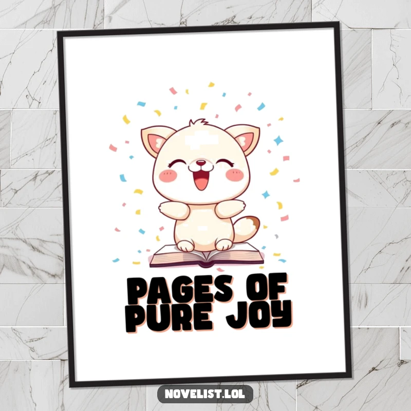 Funny poster featuring a whimsical animal scattering book pages like confetti, representing pure delight and a love for reading.