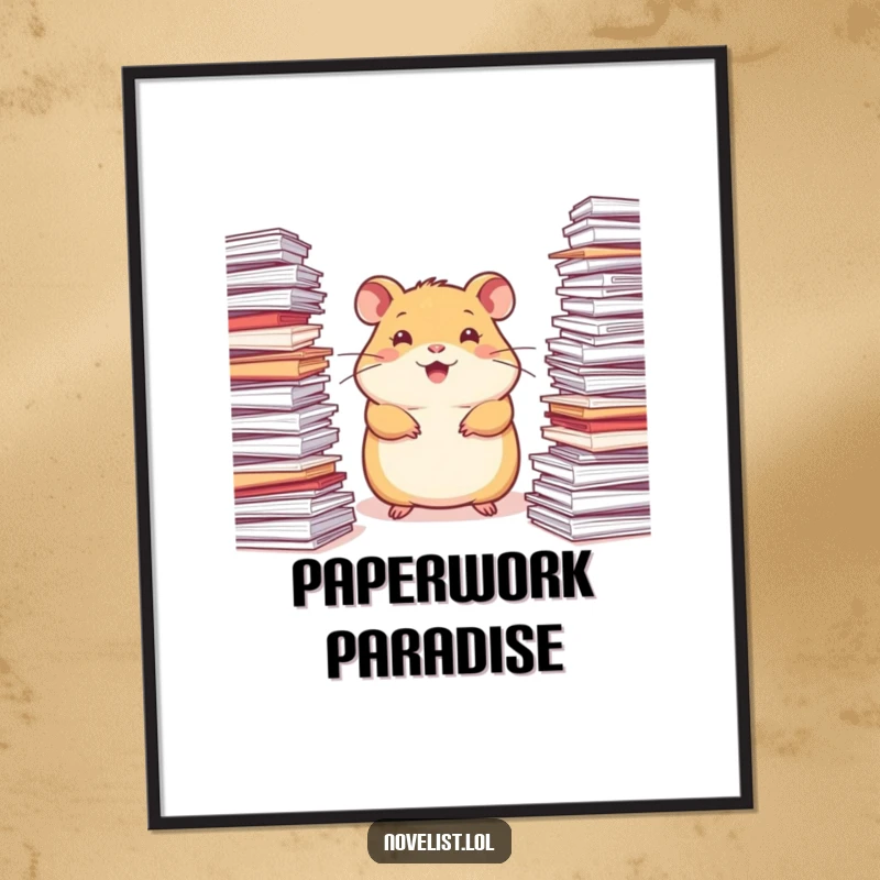 Funny Hamster Poster: A happy hamster surrounded by stacks of paper, looking inspired and radiating creativity.