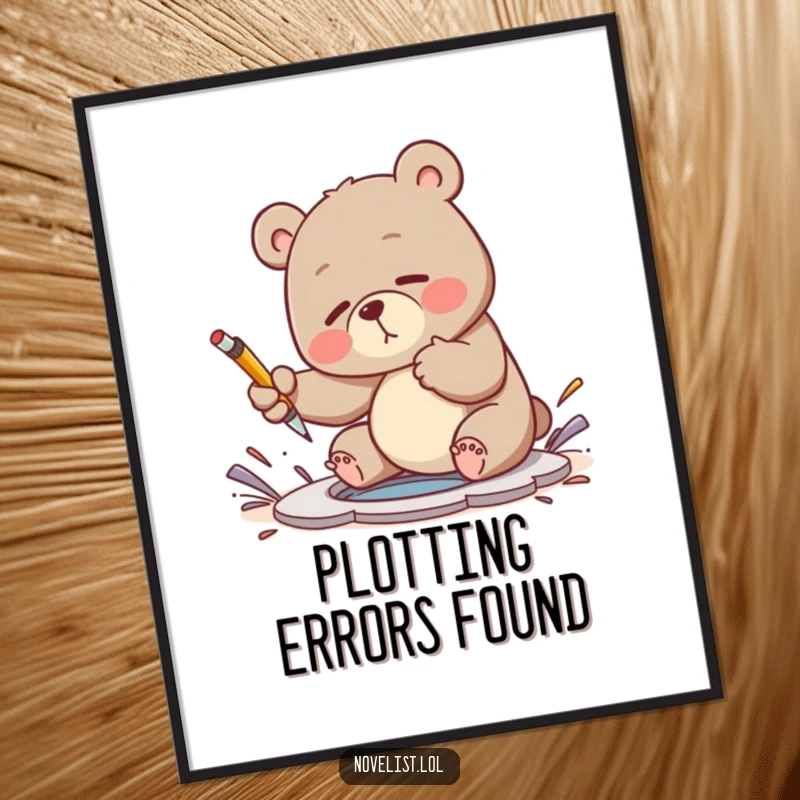 Funny poster print of a clumsy bear comically swatting at a plot hole with a pen, embodying the writer's creative struggle.