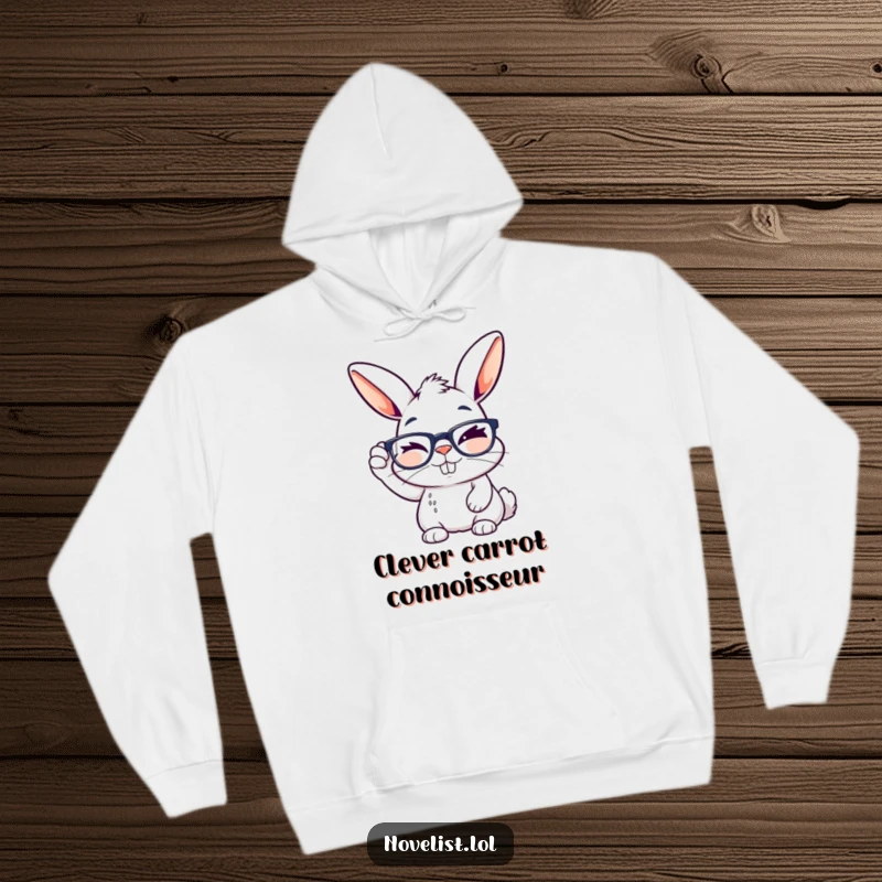 Funny hoodie featuring a winking rabbit adjusting reading glasses, embodying a clever and creative spirit.