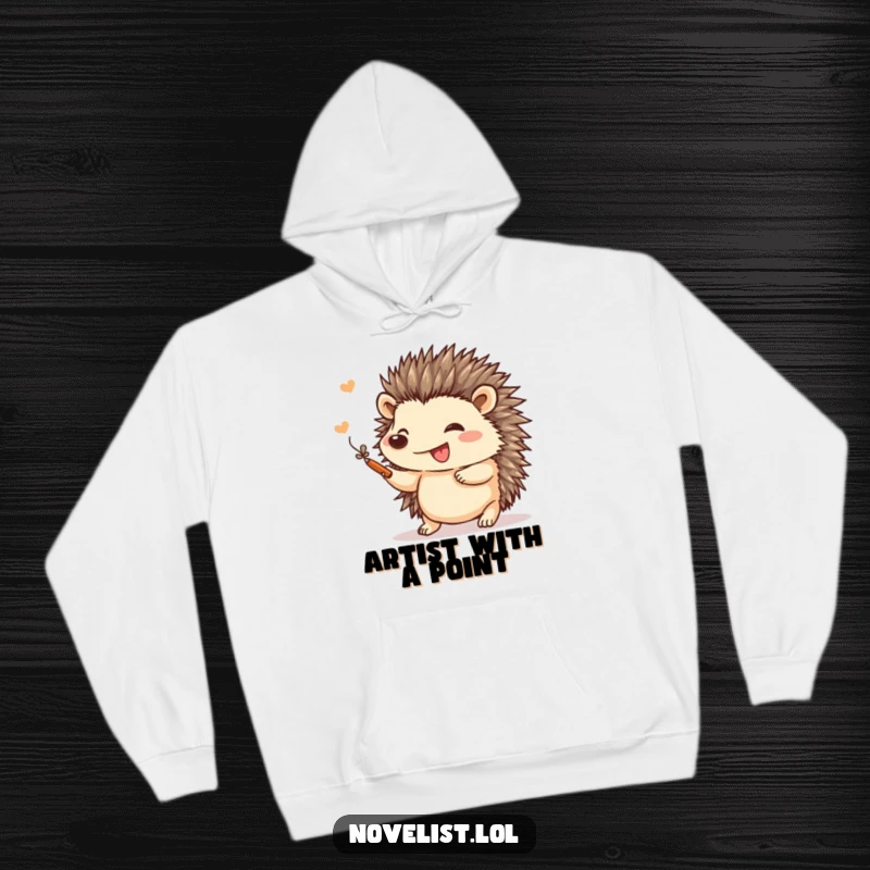 Funny and cozy hoodie featuring a small hedgehog gleefully adding a flourish to a drawing, ideal for artists and creative types.