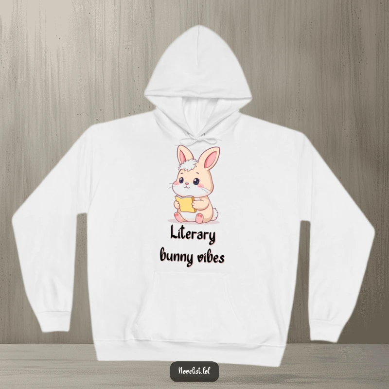 Funny Bunny Hoodie: A thoughtful bunny holding a tiny manuscript, radiating cozy contemplation and humor.