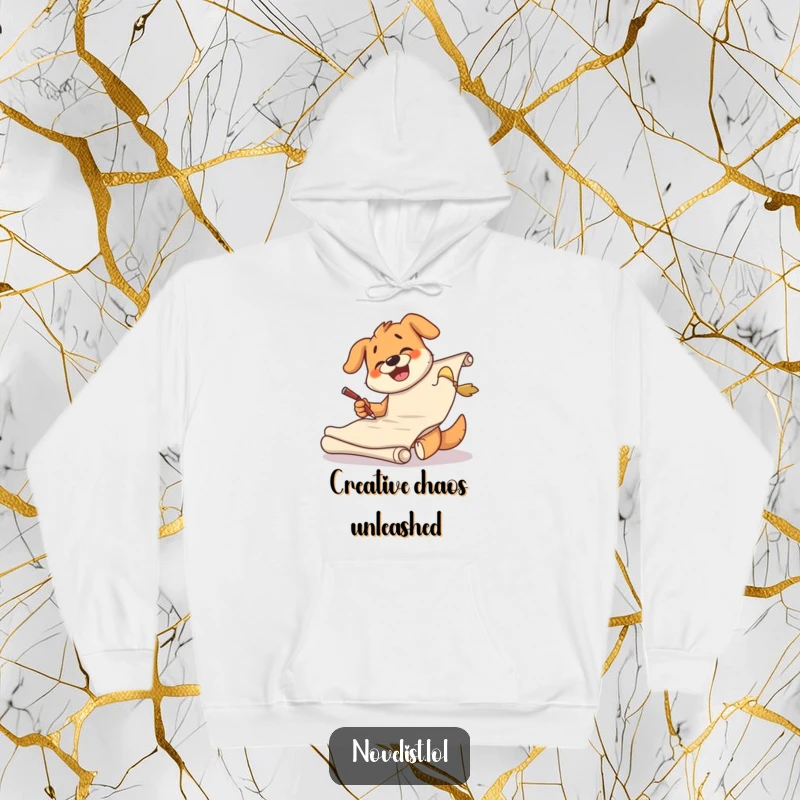 Funny dog hoodie showing a giggling character engrossed in furiously scribbling on a large scroll, a symbol of creativity.