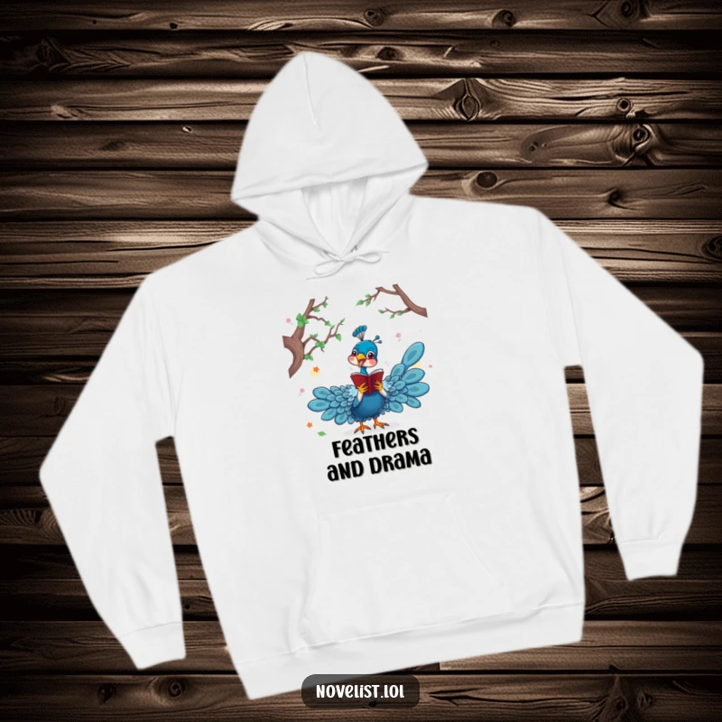Funny hoodie with a dramatic peacock character acting out a scene from a novel, ideal for staying warm during dramatic readings.