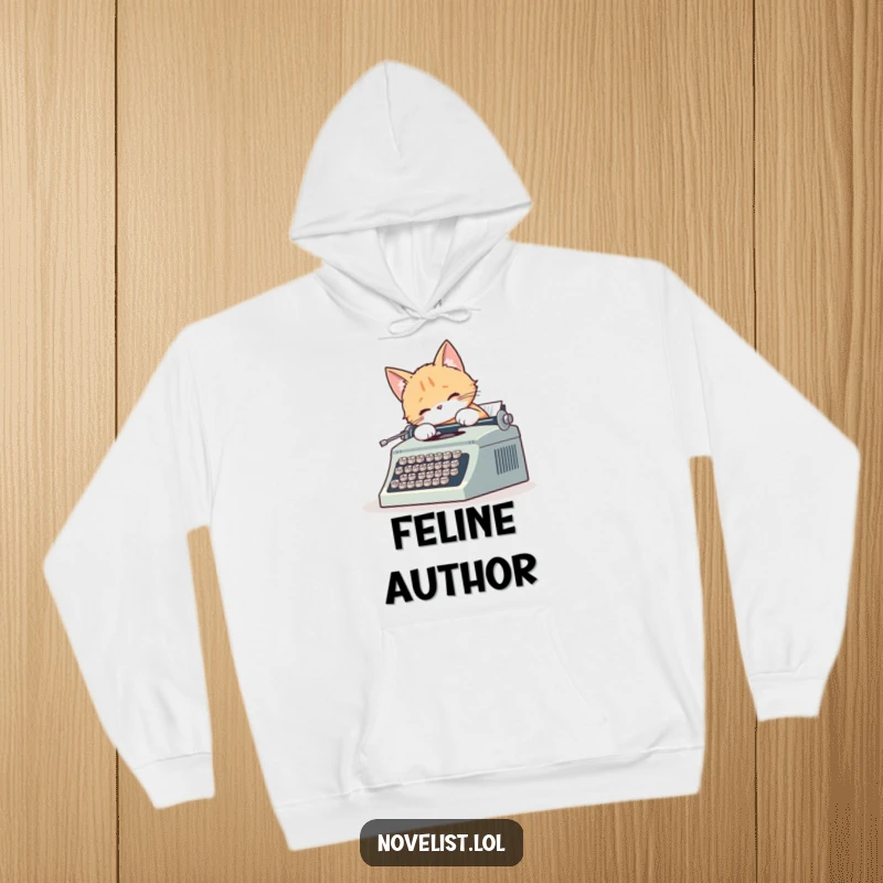 Funny hoodie design featuring a cute cat enthusiastically typing on a vintage typewriter, tail wagging, perfect for cozy writing sessions.