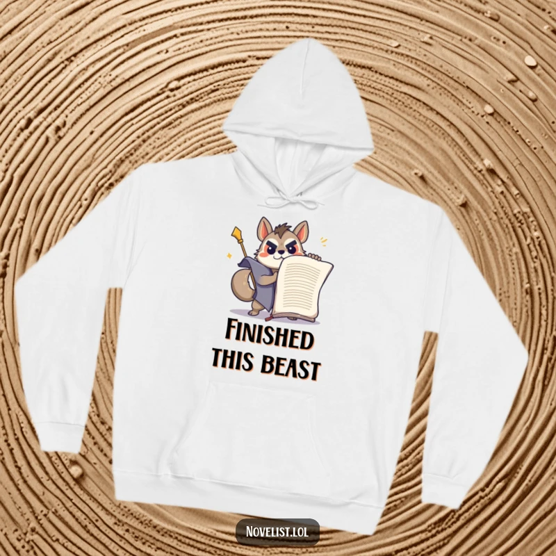 Funny determined animal wrestling a giant manuscript on a warm, comfortable hoodie.