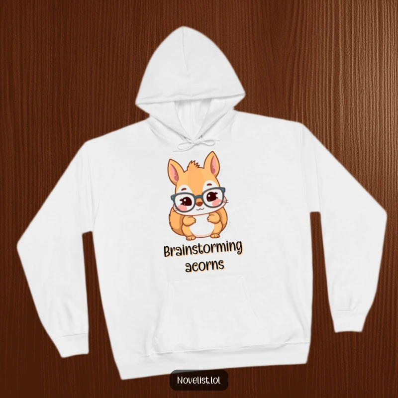 Funny hoodie showcasing a kawaii squirrel character wearing reading glasses, looking thoughtfully inspired by reading.